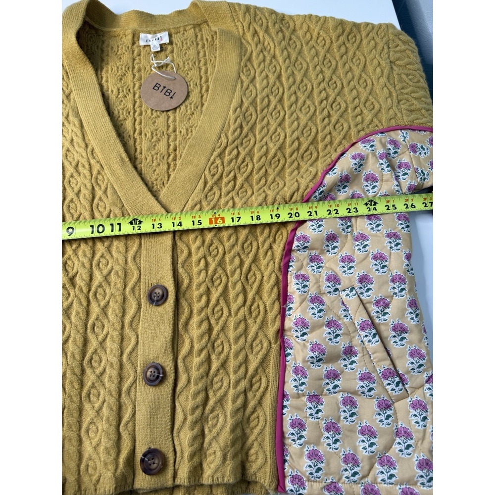 BIBI Cable Knit Floral Combo Cardigan Women's XL Yellow Mustard Quilted NWT - Picture 7 of 14